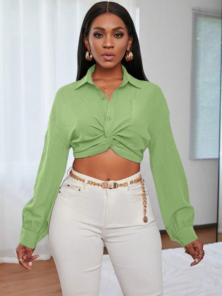 SHEIN Slayr Casual Solid Color Twist Knot Hem Cropped Long Sleeve