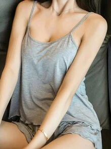 INAWLY 女士夏季休閒純色坦克上衣和短褲套裝 - 灰色 - 查看 4