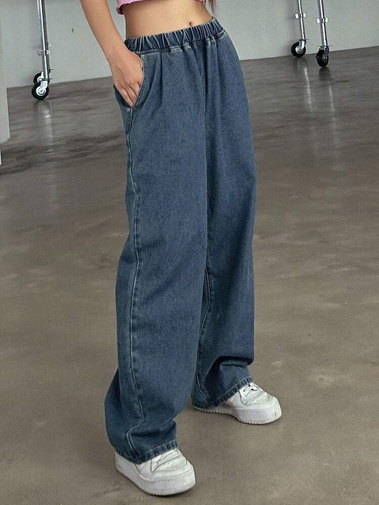 Women's Elastic Waist Wide Leg Loose Fit Casual Denim Pants With Pockets,Baggy Jeans