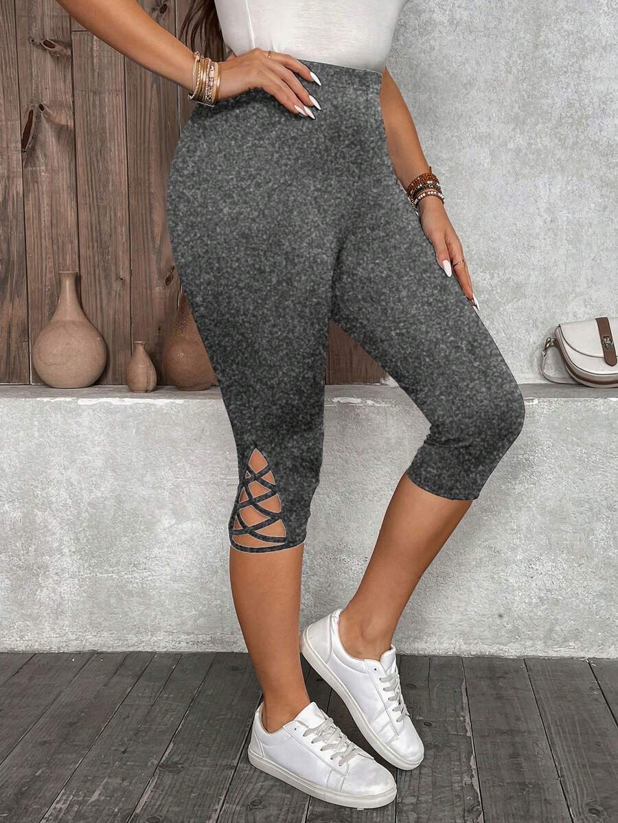 SHEIN LUNE Leggings capri negros de talla grande para mujer, verano - Gris - Ver 1