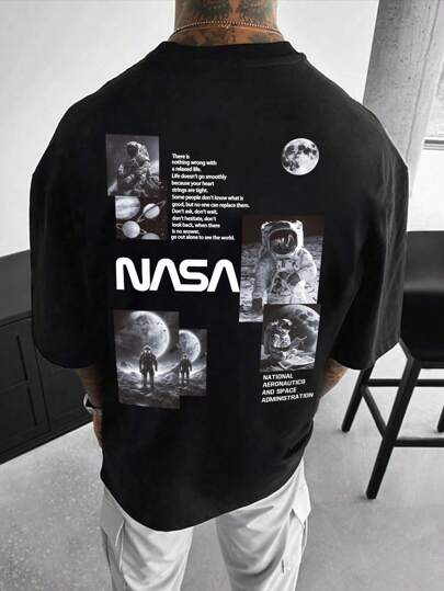 Manfinity Homme Camiseta de manga corta casual de verano para hombres con cuello redondo, estampado gráfico de astronauta y eslogan, para amigos