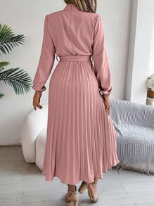 Real Shot Spring/Summer Elegant Ribbon Waist Pleated Dress - Pink - View 3