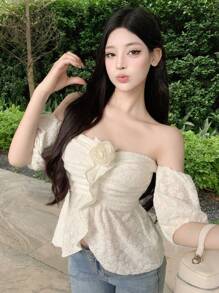 DAZY Women Summer Solid Color Elegant Off-Shoulder Short Sleeve T-Shirt With 3D Floral Decor,Ruffle,Babydoll Top - White - View 8