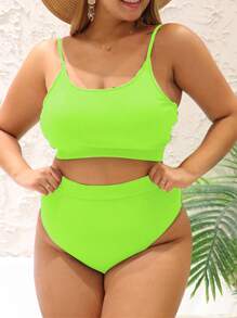 SHEIN Swim Curve 大码女式荧光绿霓虹镂空条纹休闲比基尼套装夏季海滩泳衣、度假比基尼套装 - 薄荷綠 - 查看 5