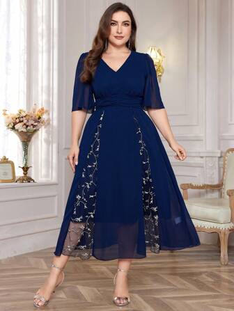 Modelyn 加大码 V 领休闲派对优雅连衣裙，带荷叶边下摆，超长女士装长款晚礼服