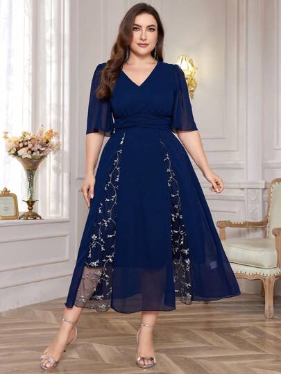 Modelyn Vestido largo elegante de fiesta casual con cuello en V y dobladillo con volantes para mujer de talla grande