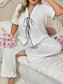 Plus Size Color-Block Piping Trim Front Tie Short Sleeve Top And Long Pants Pajama Set, Spring/Summer