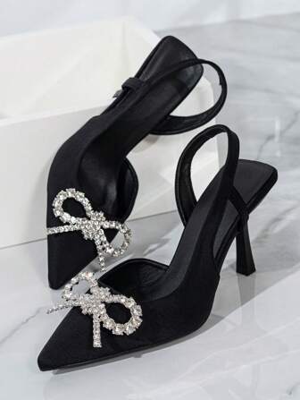 SVRM Fall/Winter 2025 Fashion Women's Black High Heel Pointy Toe Sandals With Bowknot & Rhinestone Embellished Ankle Strap Valentines,Elegant,Women Pumps,Elegant,Party Outfits,Pointed Heels
