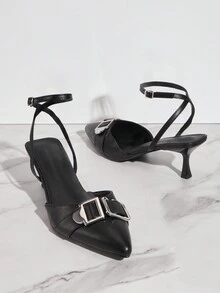 SHUZIA Women's Buckle Decor Ankle Strap High Heel Pumps - Black - View 3
