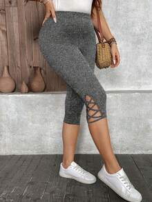 SHEIN LUNE Leggings capri negros de talla grande para mujer, verano - Gris - Ver 6