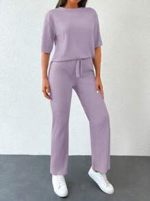 EURMUSE Drop Shoulder Split Hem Tee & Pants - Mauve Purple - View 3