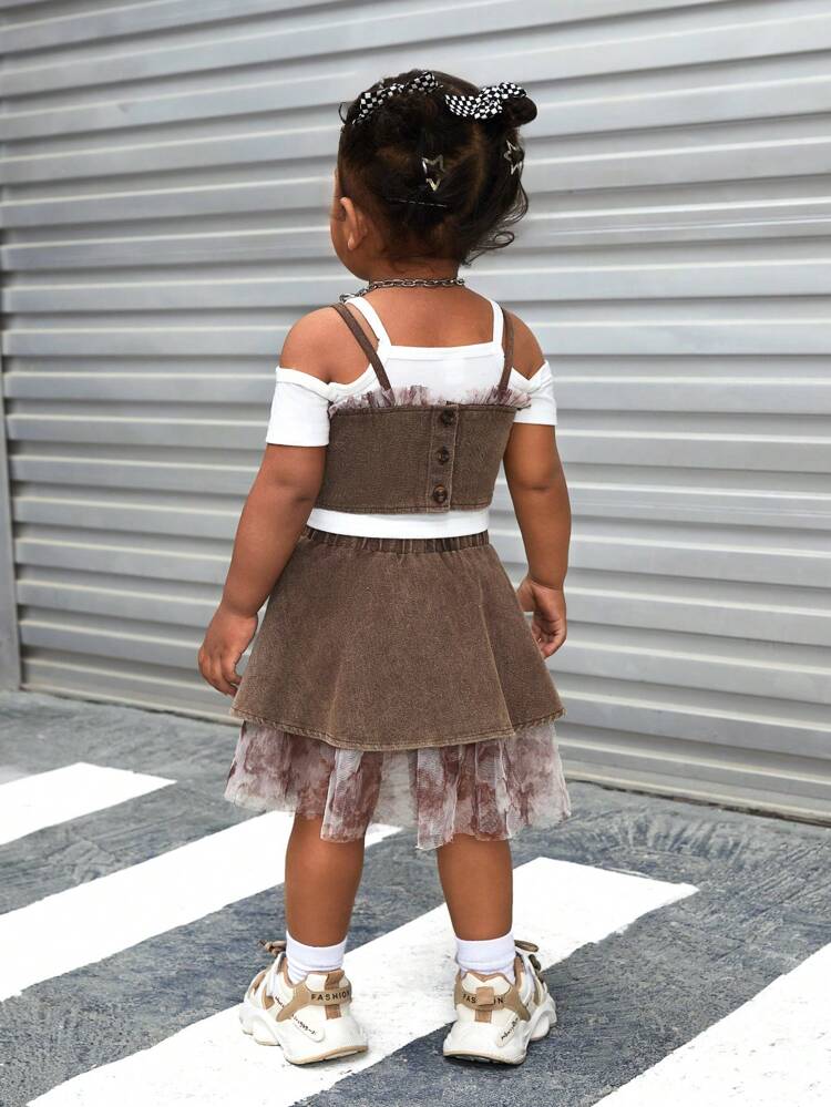 3pcs Baby Girls' Summer Denim Tank Top, Short Sleeve T-Shirt, And Skirt Matching Set