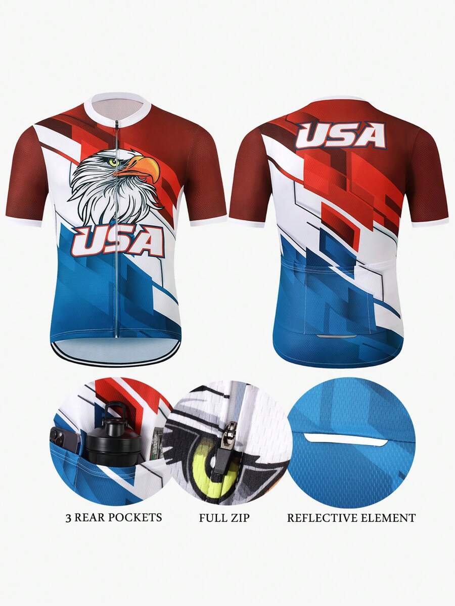 Manfinity Riding Maillot de ciclismo de manga corta con estampado de letra y animal, con cremallera