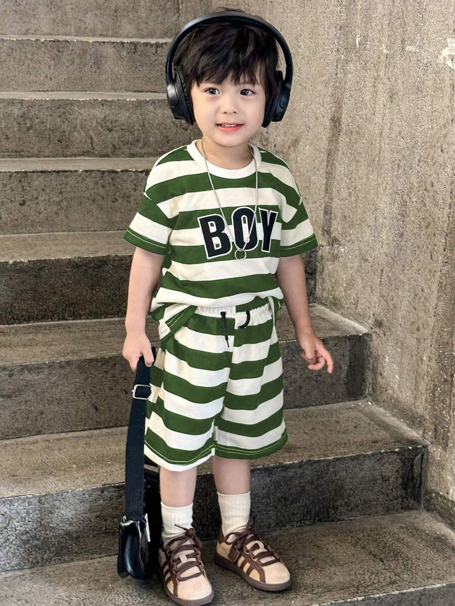 SHEIN Young Boy 2pcs/ Set Black & White Striped Short Sleeve TShirt
