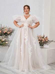 SHEIN Belle Plus Size Heavy Manual Positioning Lace See-Through Sense Of Court Style A Pendulum Princess Style Elegant Bridal Wedding Dresses