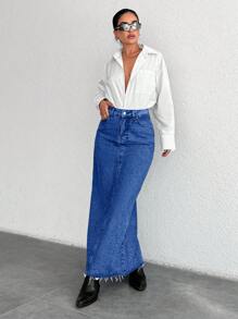 EURMUSE Raw Hem Denim Skirt - Medium Wash - View 1