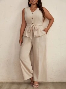 SHEIN Frenchy Plus Size Solid Color Sleeveless Top And Wide Leg Pants Two Pieces Set For Vacation And Leisure - Khaki - View 4