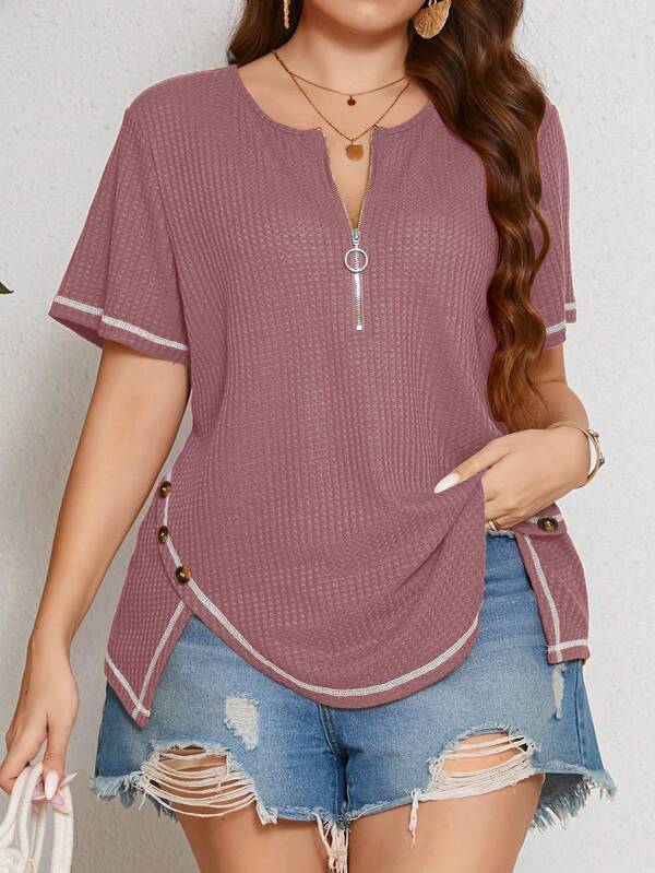 SHEIN LUNE Camiseta de verano suelta para mujer de talla grande con media tapeta de botones y cierre de cremallera de manga corta para casual