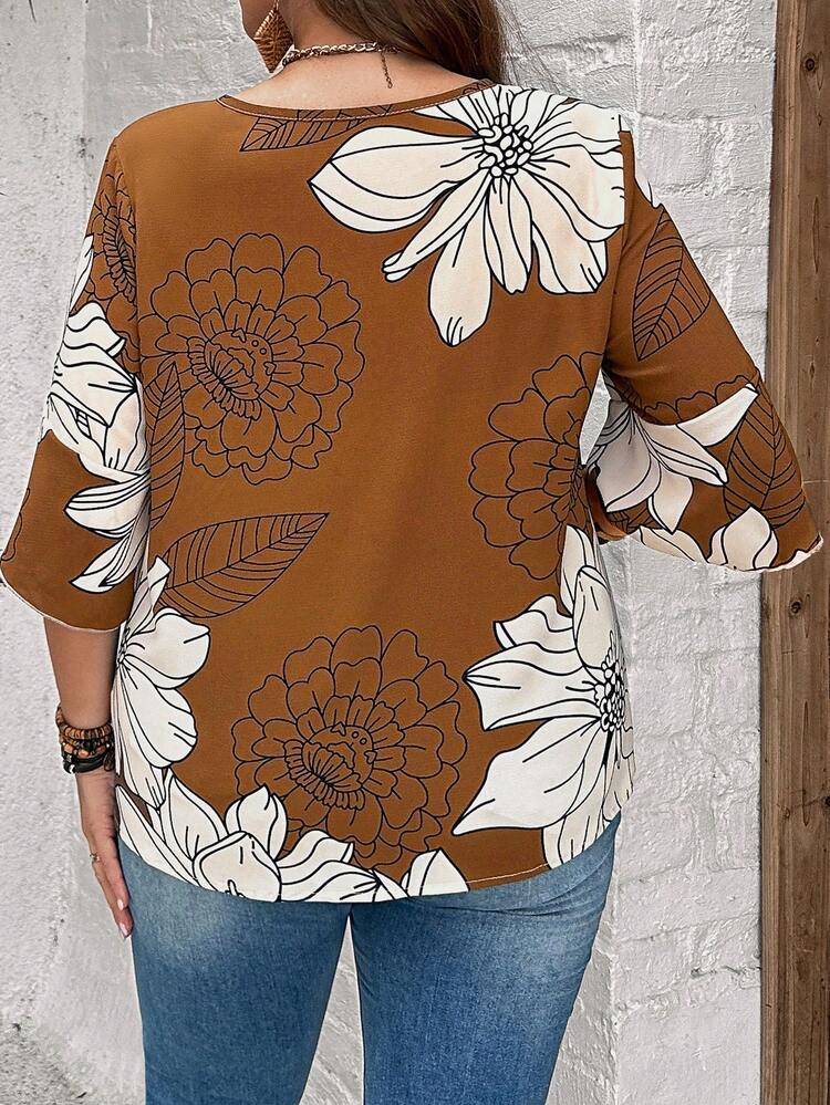 Women'S Plus Size Summer  Floral Printed Mom Black Shirt