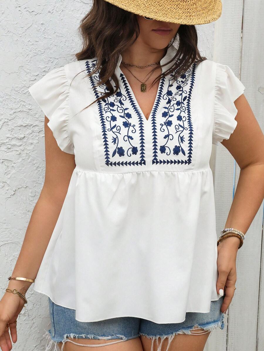 SHEIN Holidaya Áo sơ mi có cổ thêu cỡ lớn có viền xếp nếp cho trang phục thường ngày và kỳ nghỉ - trắng - Xem 1