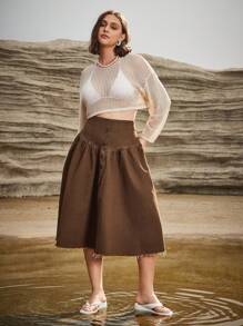 Forever 21 Summer Western Style Plus Size Women's Casual Single-Breasted Skirt For Vacation - Coffee Brown - View 6