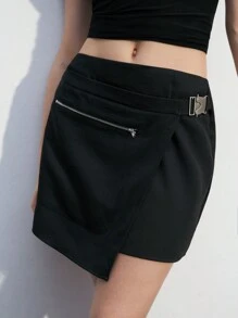 Maija Ladies' Solid Color Asymmetric Hem Zipper Closure Elegant Skirt For Summer - Black - View 3