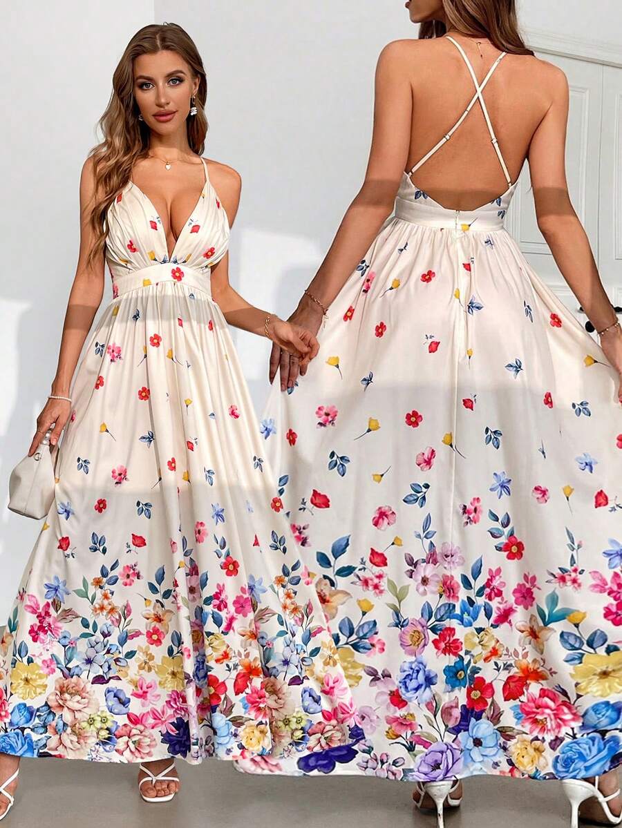 SHEIN Privé Women Elegant Romantic Printed V-Neck Sundress Positioning Printing Sexy Backless Off Shoulder Spaghetti Straps With Crossed Straps And Backless Design Loose Large A-Hem Dress For Parties, Music Festival, Graduation Season, On Vacation, Wedding - Multicolor - View 1