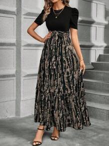 Ellegaria. 时尚印花拼接泡泡袖长裙，适合夏季长款女装 - 彩色 - 查看 3