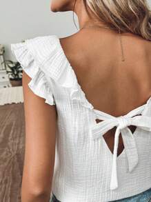 SHEIN Frenchy 白色無後背心，純色，荷葉邊修飾，後背帶扣綁帶，夏季休閒襯衫，適用於日常休閒和度假居家穿著，棉質薔薇紗布衬衫，後背蝴蝶結細帶裝飾，透氣舒適 - 白色 - 查看 3