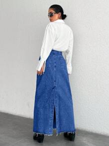 EURMUSE Raw Hem Denim Skirt - Medium Wash - View 2