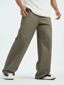 Manfinity VCAY 男裝純色簡約日常長褲 - 軍綠色 - 查看 3