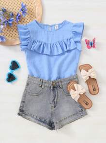 SHEIN Tween Girl Sweet And Lovely Sunflower Shirt With Ruffle Cap Sleeves, Perfect For Daily Casual Wear In Summer - Baby Blue - View 1