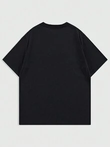 ROMWE MEN Street Life 男士印花短袖圆领T恤，适合春夏季日常穿着，上学 - 黑色 - 查看 2