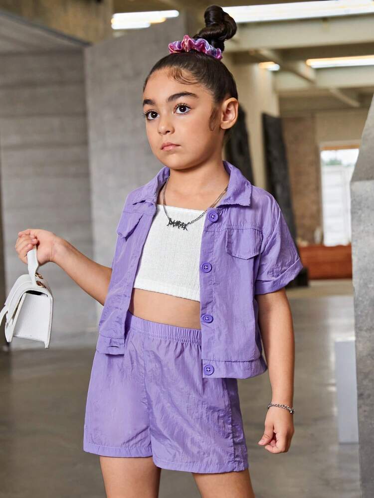 Young Girl Purple Street Cool Workwear Shirt And Shorts Casual Outfit
