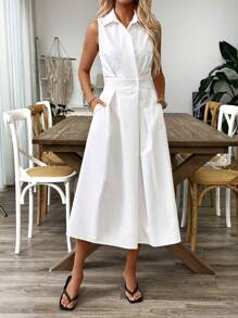 RosyDaze Vestido sin mangas de unicolor con bolsillo, elegante vestido maxi para mujer
