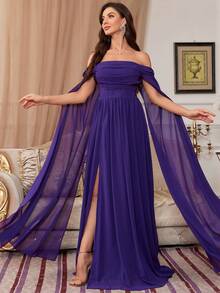 Abito da sera formale donna con spalle scoperte, bustier arricciato in chiffon, maniche lunghe, stile arabesco