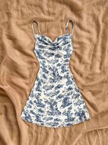 Soleia Women White Ground Blue Flower Print Beach Mini Dress With Open Neckline, Suitable For Tea Party & Graduation Season - Blue and White - View 4