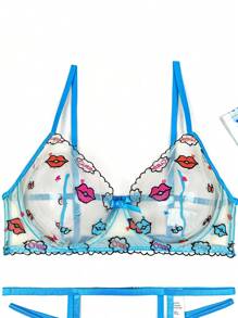 Conjunto de lencería transparente de malla bordada y con soporte para tallas grandes de 5 piezas - Multicolor - Ver 3