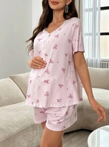 Maternity Floral Lace Patchwork Button Front Short Sleeve Top & Shorts Pajama Set - Baby Pink - View 3