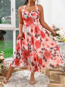 SHEIN LUNE 大码波西米亚风女式夏季花卉印花长款优雅挂脖系带度假连衣裙