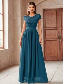 MIUSOL Elegant Women's Sequin Floral Lace Contrast Chiffon Maxi Dress With Pleated Hem,  Perfect For Easter, Mother Day, Evening Party, Wedding Guest, Anniversary Balls - Màu xanh bụi bặm - Xem 3