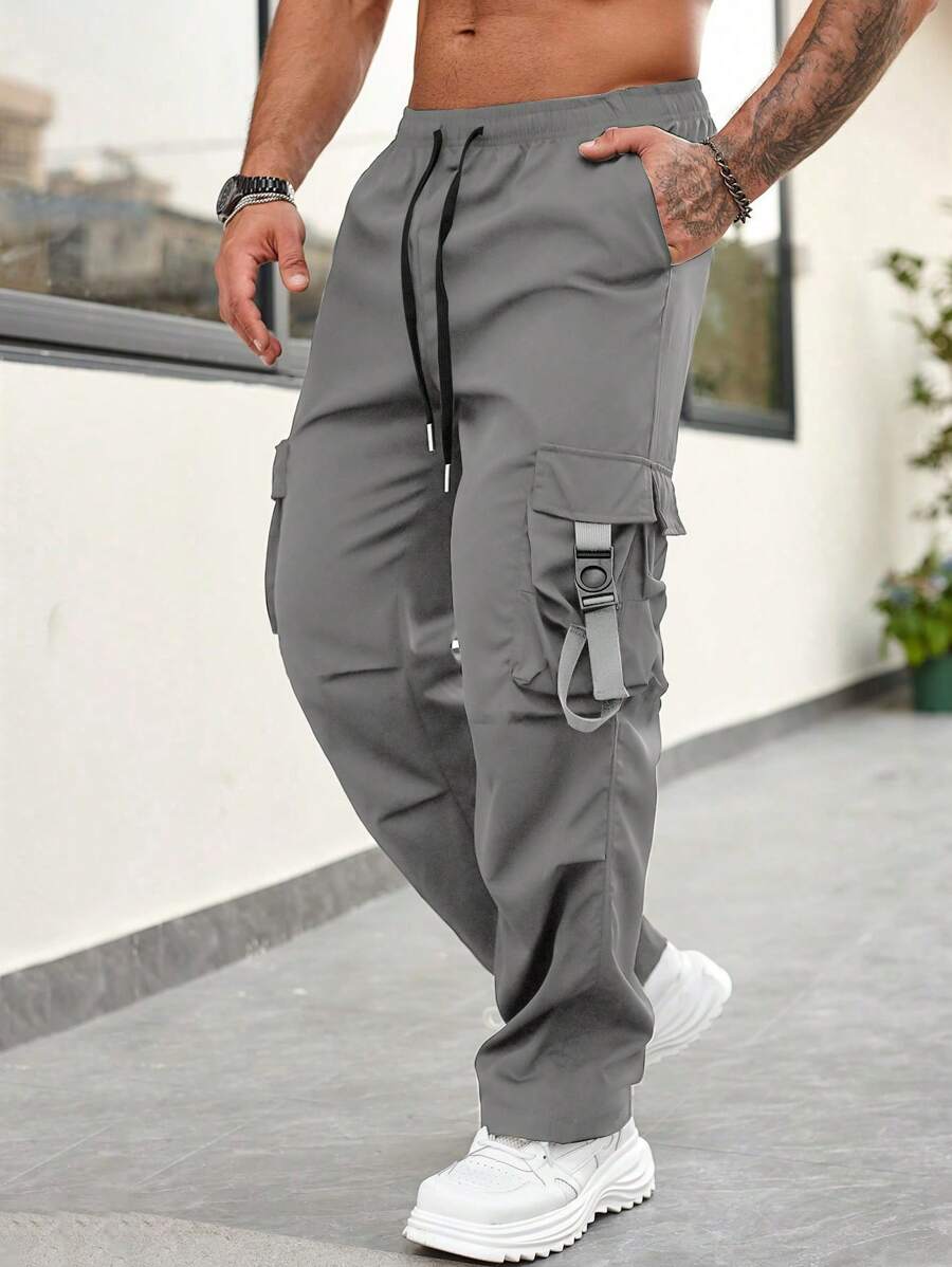 Pantalones cargo de hombre con corte recto y suelto, funcionales y ligeros, con bolsillos grandes, moda workwear, para primavera/verano - Gris - Ver 1