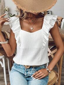 SHEIN Frenchy 白色無後背心，純色，荷葉邊修飾，後背帶扣綁帶，夏季休閒襯衫，適用於日常休閒和度假居家穿著，棉質薔薇紗布衬衫，後背蝴蝶結細帶裝飾，透氣舒適 - 白色 - 查看 2