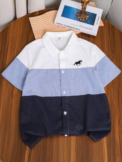 SHEIN Tween Boys Extended Size Colorblock Casual Campus Mönster Turn-Down-Down Collar Kortärmad skjorta