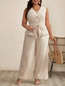 SHEIN Frenchy Plus Size Solid Color Sleeveless Top And Wide Leg Pants Two Pieces Set For Vacation And Leisure - Khaki - View 1