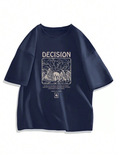 تي شيرت رجالي بطبعة جبل وشعار ذو أكتاف منخفضة، إيمو