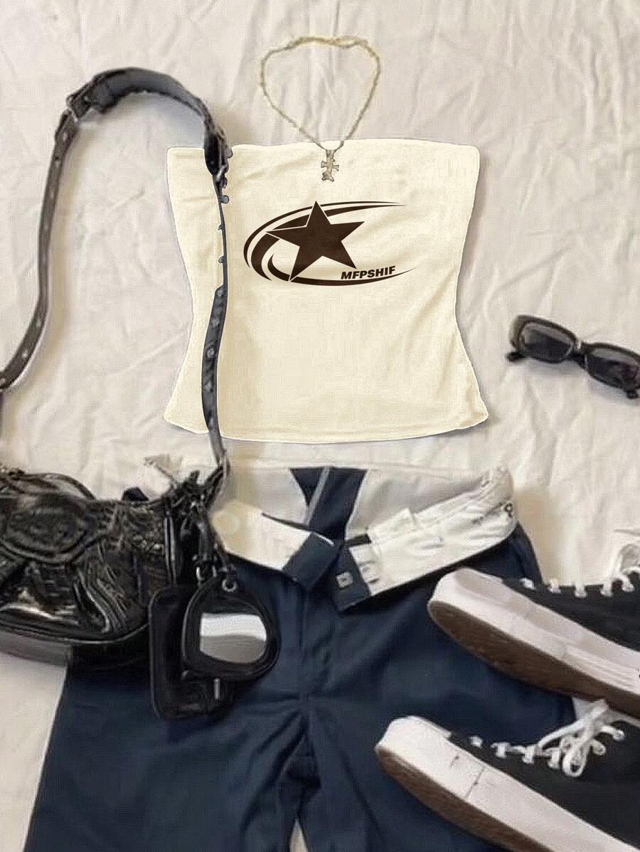 Attitoon 女士無肩帶緊身休閒上衣，星星印花設計，適合夏季 - 杏色 - 查看 1