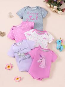 SHEIN Playful Pals 5入組新生兒女寶寶夏季可愛圖案連身衣套裝 - 玫紅色 - 查看 1