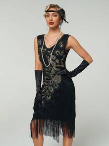Đầm đuôi công/phượng hoàng đính sequin tua rua kiểu thập niên 1920, đầm dự tiệc chủ đề Great Gatsby thanh lịch, đầm cocktail bán chính thức, đầm dạ hội, đầm dự đám cưới, thích hợp cho sinh nhật, lễ tốt nghiệp, tiệc tối, lễ hội, kỳ nghỉ xuân. Màu đen. - màu đen - Xem 4