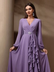 Women's Summer Long Sleeve Draped Ruffle Dress With Rhinestone Decor, Elegant Party Dress - Blue - View 5